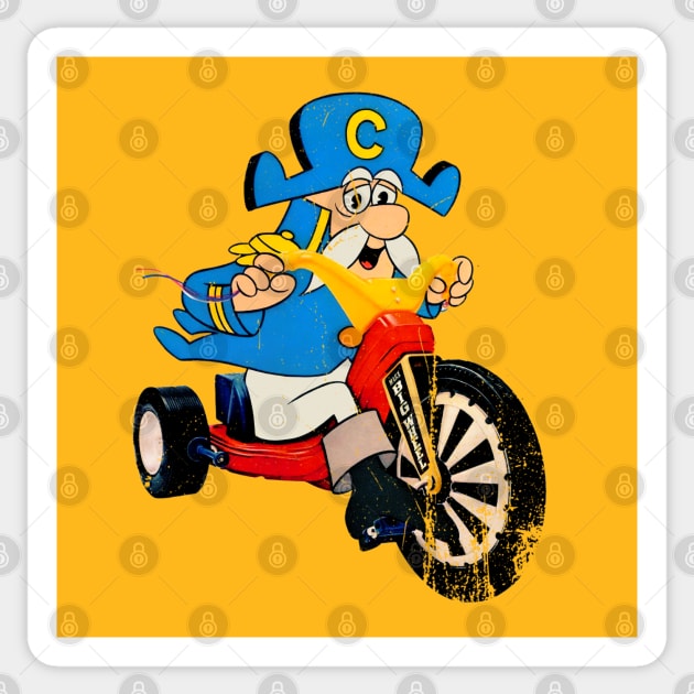 Cap'n Crunch Riding a Big Wheel WHAT!!! Distressed and Vintage Style Sticker by offsetvinylfilm